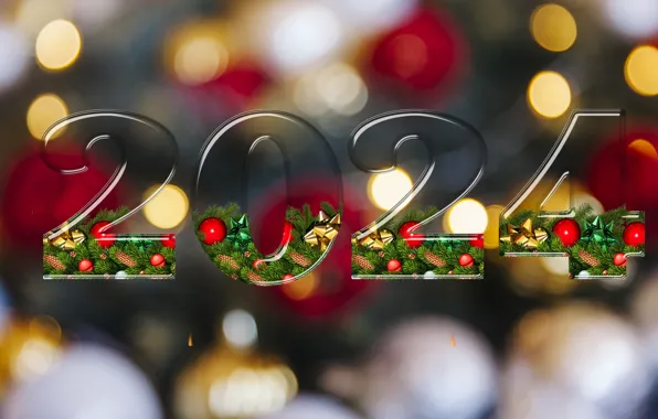 Шарики, цифры, Новый год, хвоя, дата, боке, 2024, Новый 2024 год