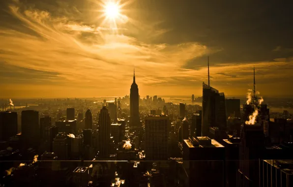 Картинка солнце, Нью-Йорк, небоскребы, сепия
