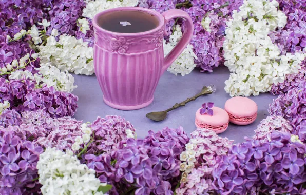Картинка цветы, ветки, flowers, сирень, cup, spring, purple, tea