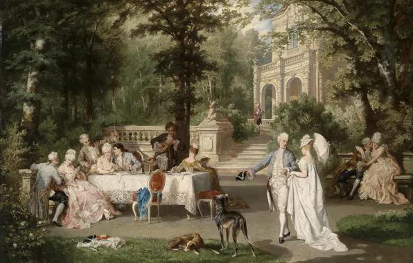 Картинка собаки, деревья, парк, стол, дамы, картина, Австрия, trees