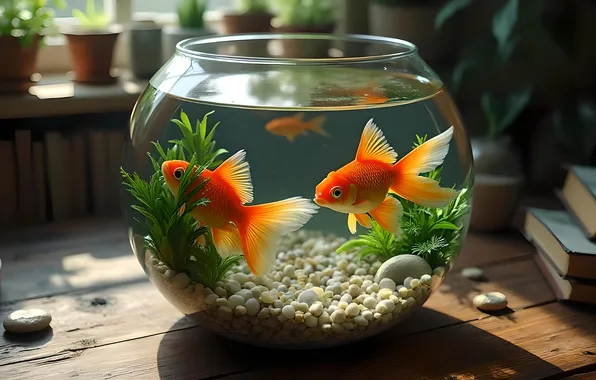 Стекло, свет, рыбки, водоросли, стол, комната, доски, аквариум