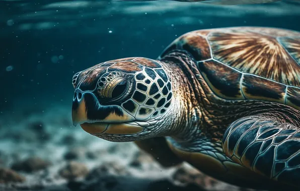 Море, черепаха, портрет, подводный мир, морская черепаха, плавание, ИИ-арт, нейросеть