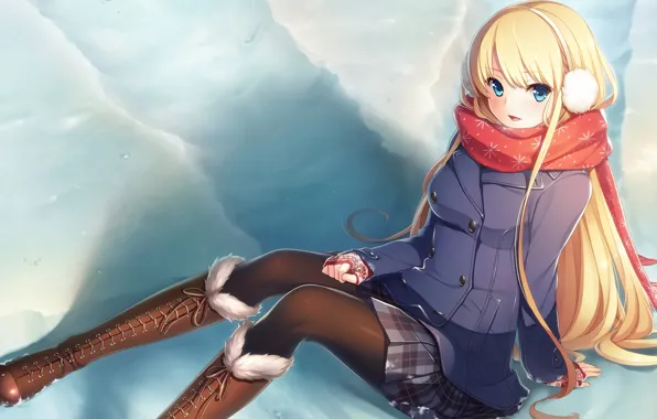 Картинка девушка, снег, шарф, anime, art, Gin'iro Haruka