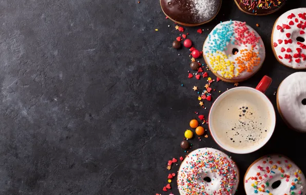 Пончики, cup, глазурь, coffee, donuts