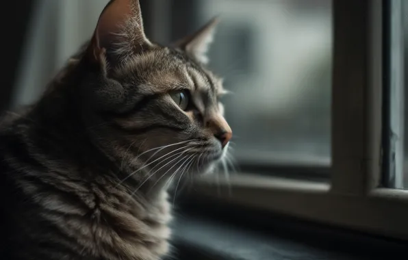 Кошка, кот, взгляд, портрет, окно, арт, профиль, мордашка