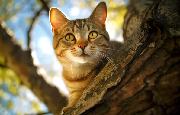 Кошка, кот, взгляд, ветки, природа, дерево, портрет, кора