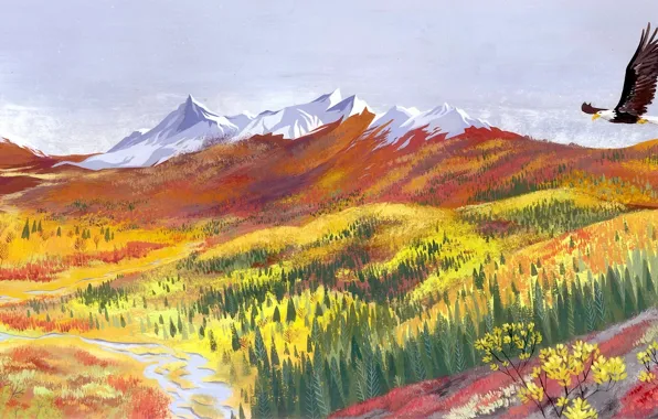 Картинка лес, горы, река, птица, орёл, нарисованный пейзаж