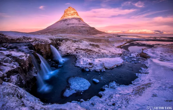 Зима, небо, свет, снег, река, краски, водопады, гора Kirkjufell