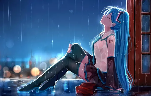 Картинка девушка, капли, город, огни, дождь, дома, зонт, аниме