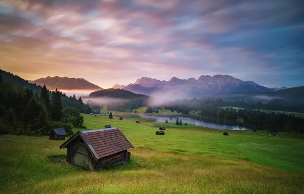 Картинка лес, горы, туман, озеро, Германия, домики, Germany, Bayerische Alpen