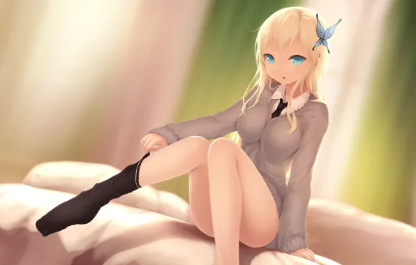 Девушка, диван, бабочка, гольф, сидя, boku wa tomodachi ga sukunai, kashiwazaki sena, одевается