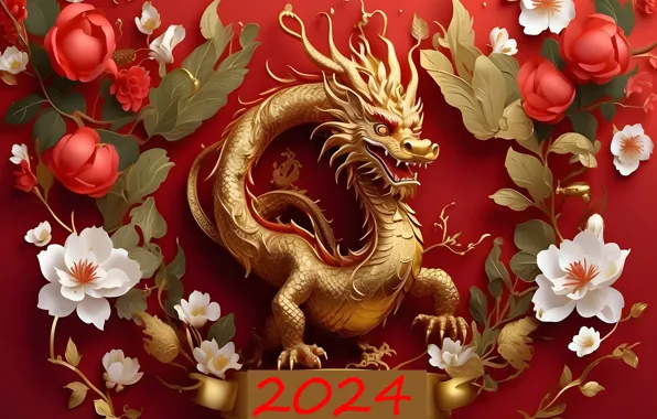 Дракон, colorful, Новый год, golden, золотой, symbol, китайский, символ года
