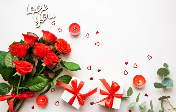 Love, розы, букет, подарки, красные, День Валентина, Olena Rudo