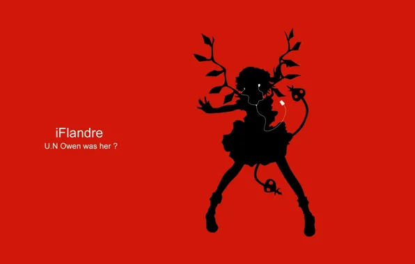 Наушники, плеер, touhou, красный фон, Flandre Scarlet, черный силуэт