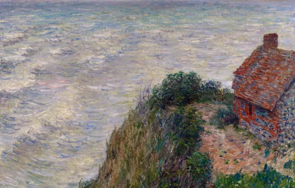 Картинка море, волны, картина, морской пейзаж, Клод Моне, Рыбацкий Домик в Пти-Айли