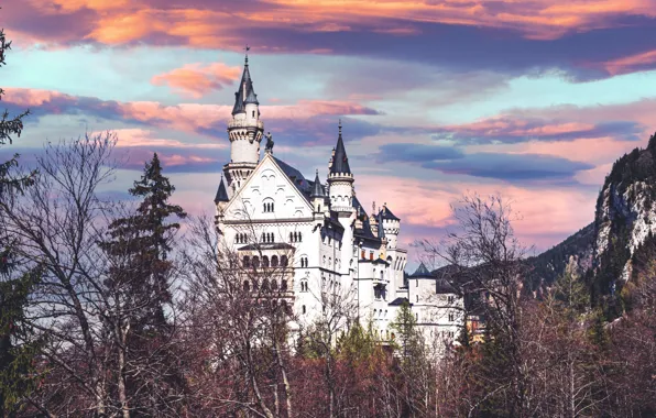 Neuschwanstein, German, Clouds, Sky, Wood, Germany, Mountain, Castle