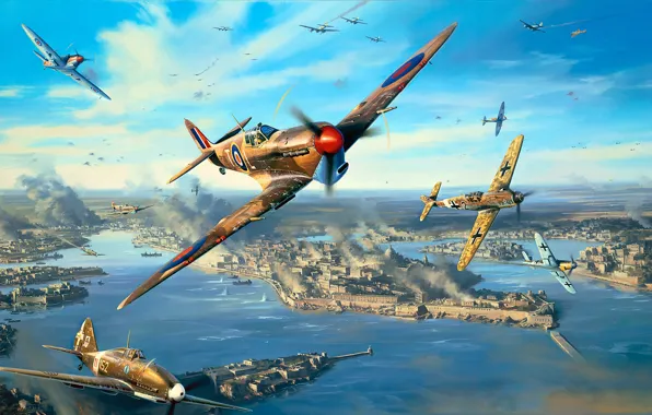 Рисунок, арт, bf-109, Nicolas Trudgian, SpitFire