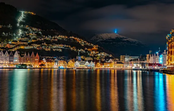 Картинка горы, ночь, огни, дома, лодки, Норвегия, фонари, залив