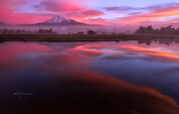 Осень, облака, отражения, озеро, утро, США, штат Вашингтон, вулкан Адамс