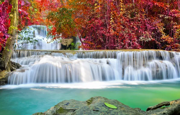 River, water, autumn, waterfall, flow, emerald