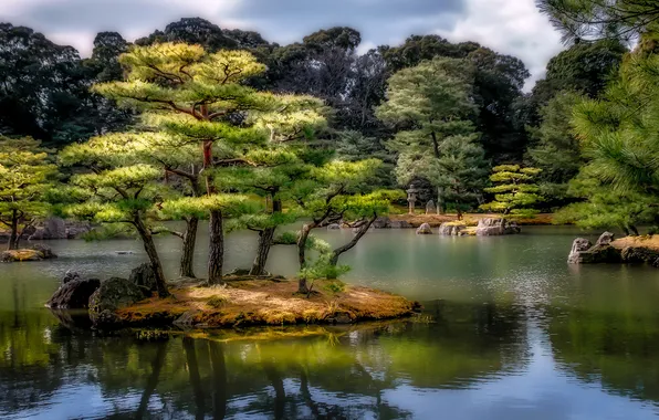 Картинка деревья, пруд, камни, обработка, Япония, сад, островок, Kyoto