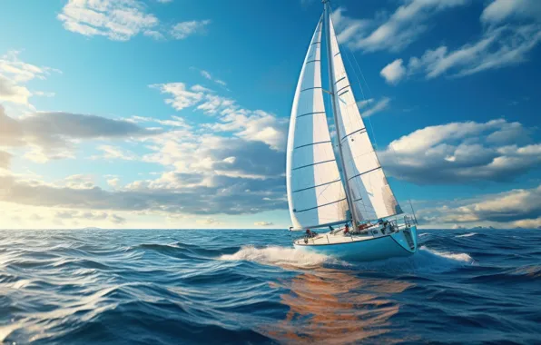 Море, волны, небо, вода, облака, синева, лодка, парус