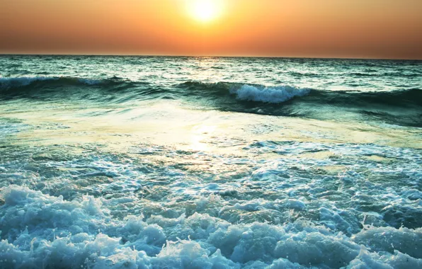 Волны, солнце, закат, берег, Море, горизонт