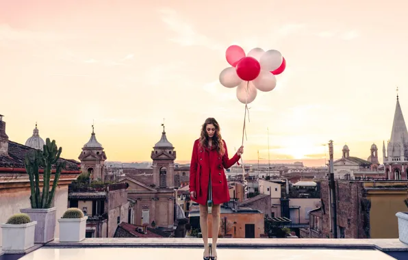 Girl, twilight, Italy, sunset, dusk, Rome, balloons, roof
