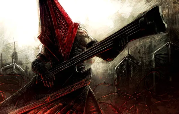 Красный, гитара, guitar, art, проволка, Silent Hill 2, пирамидоголовый, Pyramid Head