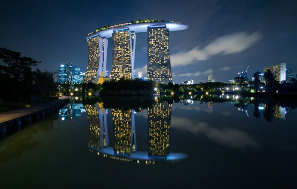 Ночь, огни, Сингапур, отель, Marina Bay
