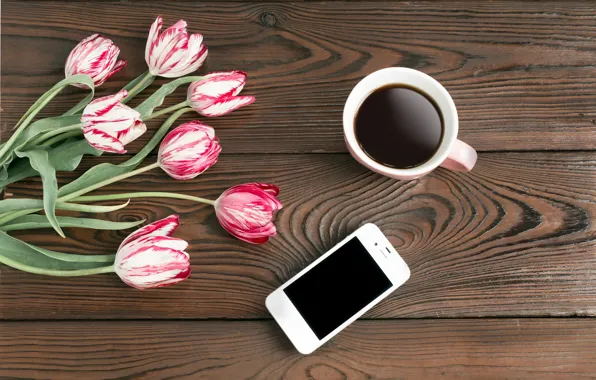 Картинка цветы, кофе, тюльпаны, телефон