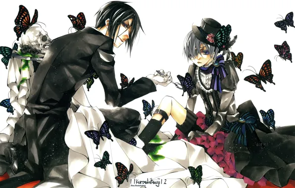 Бабочки, череп, костюм, art, Тёмный дворецкий, Kuroshitsuji, Sebastian Michaelis, Ciel Phantomhive