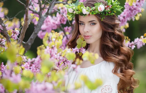 Лето, листья, девушка, цветы, ветки, природа, поза, милая