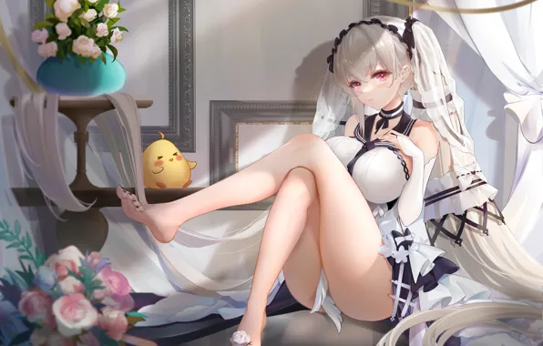 Девушка, цветы, цыпленок, Azur Lane, Manjuu, Formidable