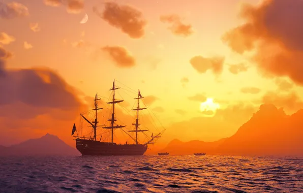 Картинка море, небо, корабль, лодки
