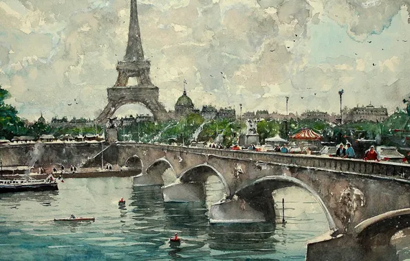 Картинка мост, река, Париж, картина, акварель, Эйфелева башня, городской пейзаж, Максимилиан Дамико
