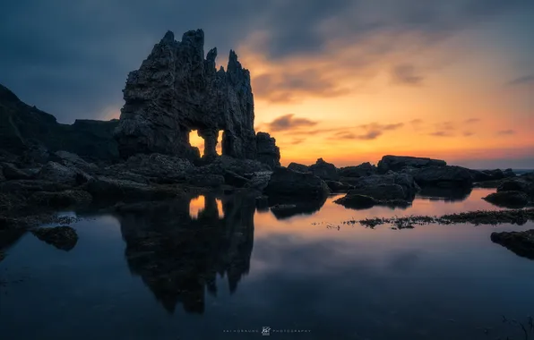 Море, пейзаж, скалы, рассвет, арка