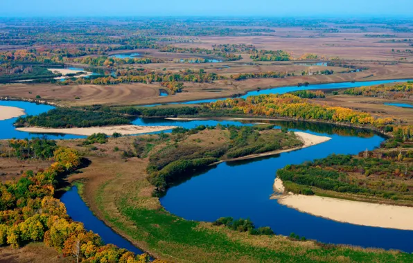 Осень, деревья, река, поля, Россия, солнечно, Хабаровский край, Урми