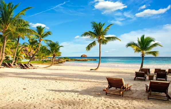 Картинка песок, море, пляж, тропики, пальмы, берег, summer, beach, sea, ocean, paradise, vacation, palms, tropical