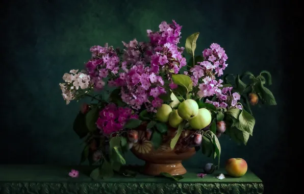Листья, цветы, стол, яблоки, букет, размытие, зеленые, ваза