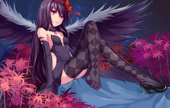 Взгляд, девушка, крылья, чулки, mahou shoujo madoka magica, akemi homura