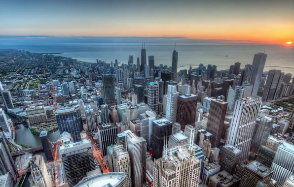 Картинка закат, побережье, здания, Чикаго, панорама, Chicago, небоскрёбы