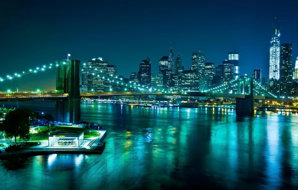 Мост, огни, река, дома, вечер, New York City, World Trade Center, Manhattan Bridge