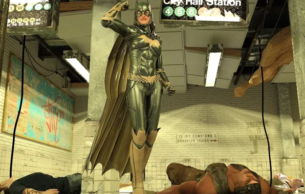 Женщина, мужчины, подземка, жертвы, Batgirl fights three thugs