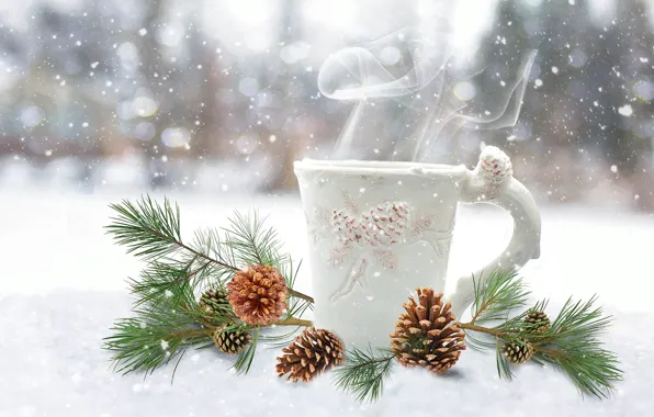 Картинка зима, пар, кружка, чашка, Новый год, Christmas, шишки, New Year