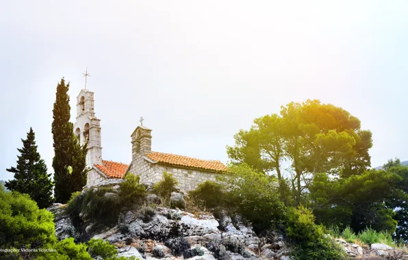 Солнце, пейзаж, церковь, landscape, черногория, montenegro, будва, budva