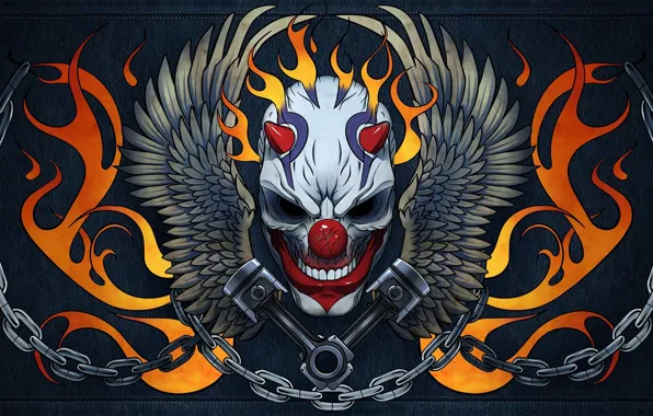 Fire, flame, game, evil, hell, clown, chain, spark