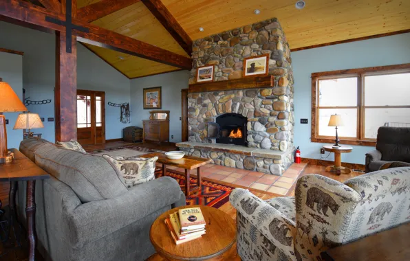Интерьер, печь, гостиная, ранчо, living cabin in Ennis, ranch Rainbow West