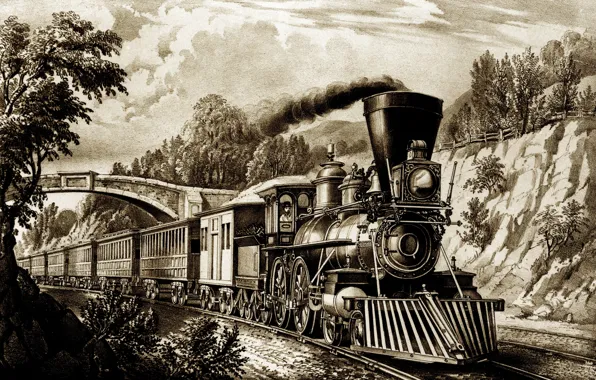 Дорога, поезд, паровоз, картина, вагон, железная, история, retro