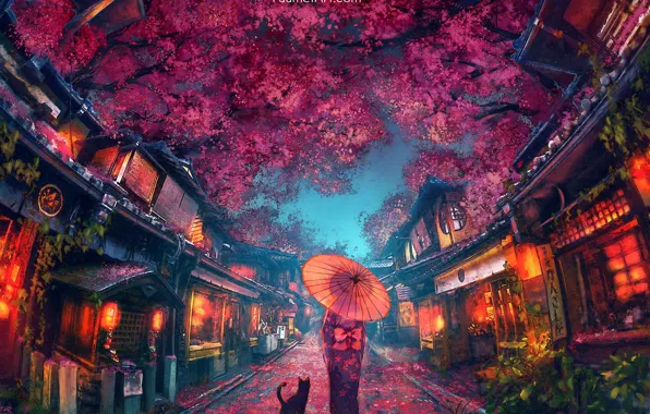 Картинка вечерний город, девочка, красные фонари, цветение сакуры, зонт, кимоно, Япония, чёрная кошка, городская улица, by …